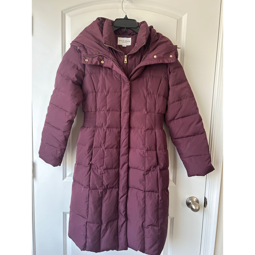 Cole Haan Signature Women Plum Puffer Coat Down Filled Hooded Long Jacket Medium
